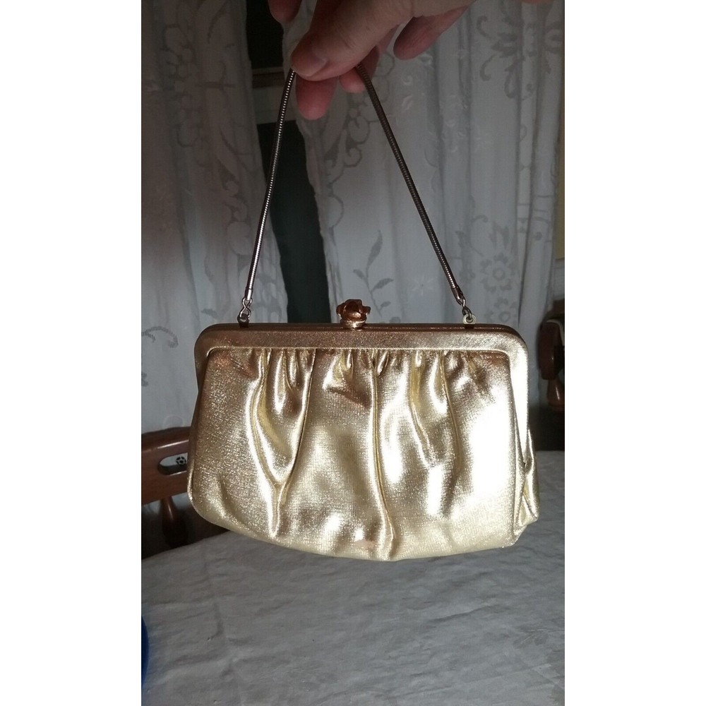 Vtg Admiral Evening Purse Shimmering Goldtone Silk lined Metal Rose Clasp
